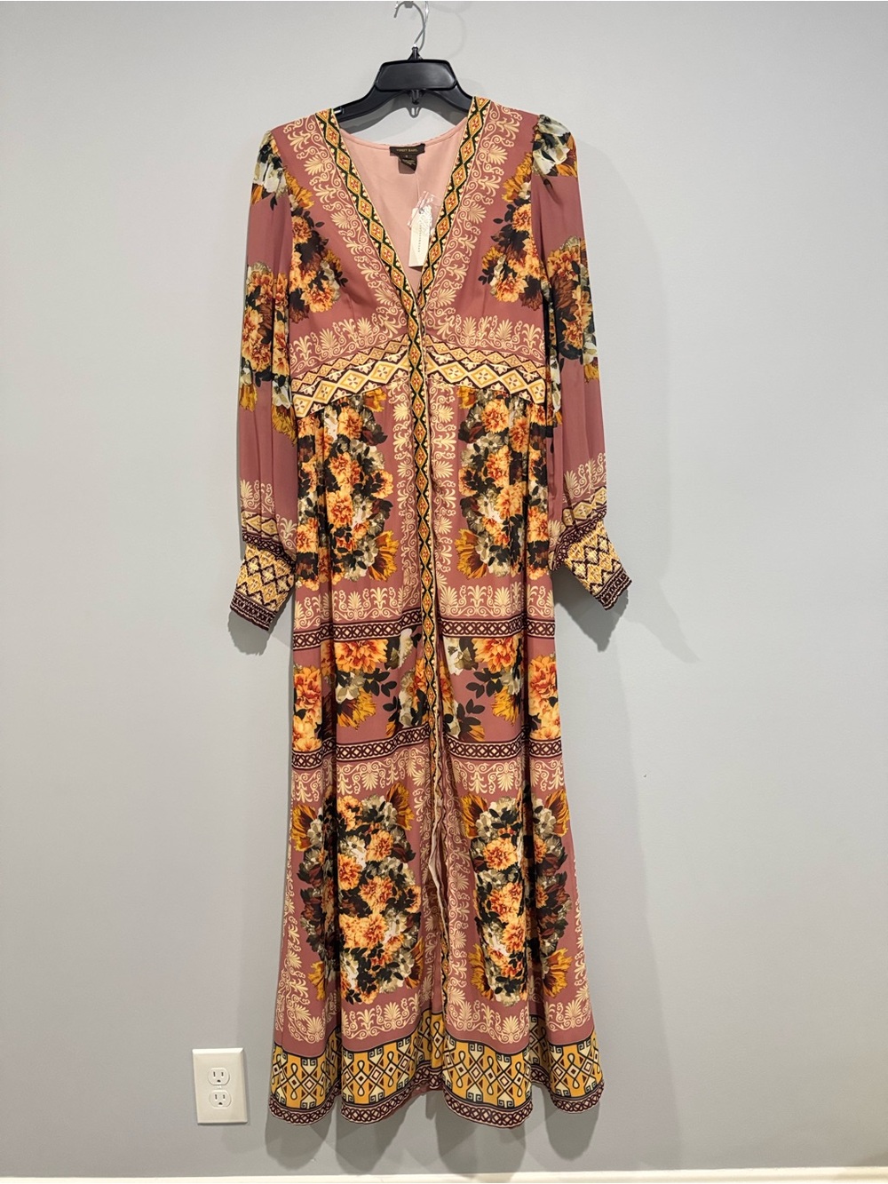 NWT Anthropologie Boho Floral Long Sleeve Maxi Dress in Dusty Rose SZ S
